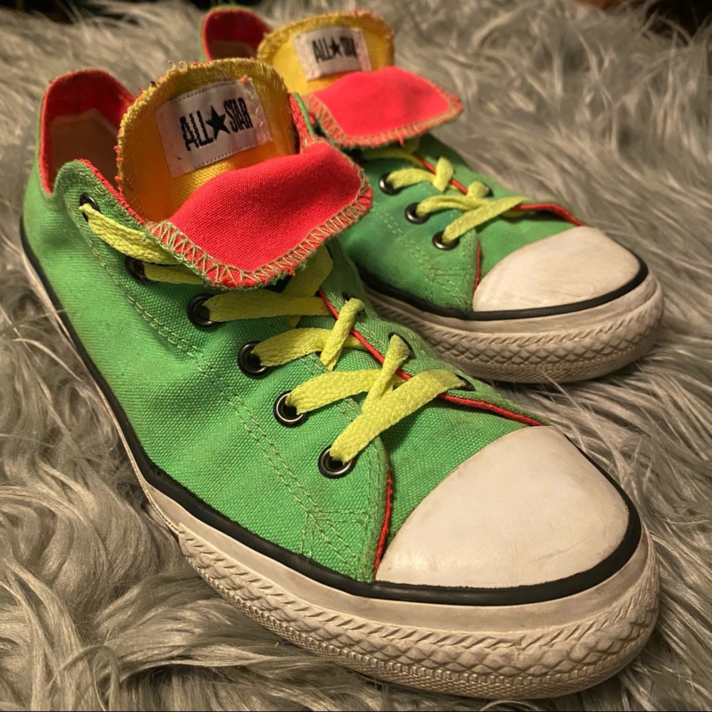 RARE CONVERSE All Star CHUCKS Low Top Double Tongue Neon GREEN/PINK Sz 5 HTF